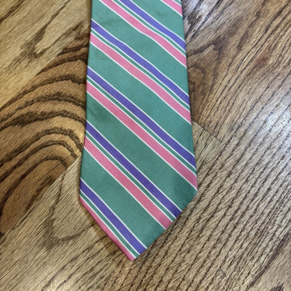Brooks Brothers Makers Stripe Tie Green Pink Purple Woven Silk Cotton England‎